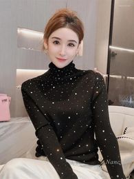 Women's Sweaters Exquisite Rhinestone Sweater For Women 2023 Autumn Winter Underwear All-Matching Turtleneck Candy Colour Top Pulls