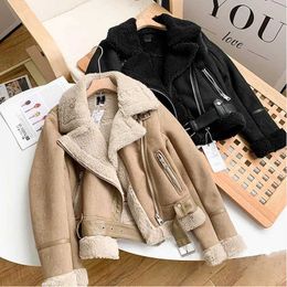 Winter Faux Shearling Sheepskin Pu Leather Coat Women Thickened Suede Lambswool Motorcycle Short Jacket