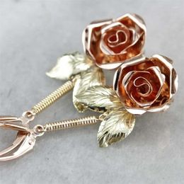 Dangle Earrings Charm Female Metal Luxury Yellow Gold Color For Women Fashion Cherry Blossom Pink Rose Flower