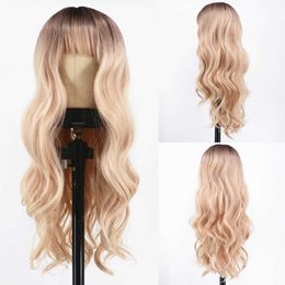 Synthetic Wigs Wave Long Curly Wig with Neat Bangs Dyed Headband Cover High-temperature Silk Cos Wig Cover