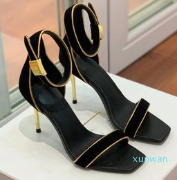 Metal buckle cool shoes Top quality stiletto heel womens Dress shoe with box 35-42 10cm high heeled Rome sandal