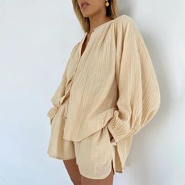 Women's Sleepwear Lovship Pyjama Sets For Women Khaki Casual Suit Summer Long Sleeve Blouse Slit Shorts Fashion Female Homewear