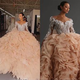 V Neck Puffy Wedding Ball Gown Off the Shoulder Dresses Full Sleeve Tiered Ruffles Vestidos De Novia Custom Made estidos