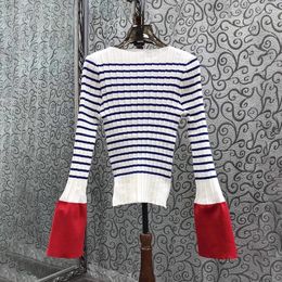 Women's Sweaters Korean Fashion Style 2024 Early Spring Pullovers Women Blue Striped Patterns Knitting Flare Sleeve Casual Jumpers