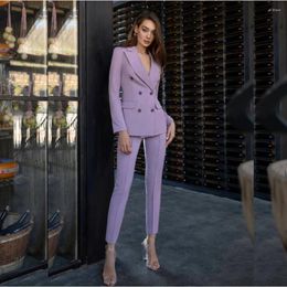 Women's Two Piece Pants Elegant Purple Women Blazer Suits Long Sleeve Double Breasted Peaked Lapel Skinny Full Set 2 Jacket Tailor