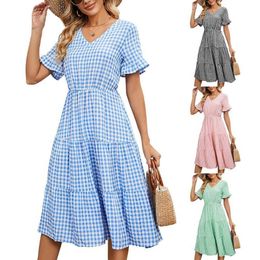 Pleated Smocking Lace Up Dress Short Sleeve Square Collar Long Plaid