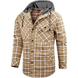 men's Hooded Coat casual thickened Long Sleeve Plaid work flannel button shirt jacket mens coat