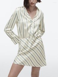 Casual Dresses For Women 2023 Fashion Collared V Neck Long Sleeve Striped Mini Dress Front Buttoned Office Work Elegant Shirt