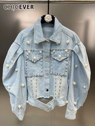 Women's Jackets CHICEVER Patchwork Pearls Denim Jackets For Women Lapel Puff Sleeve Single Breasted Hollow Out Casual Jacket Female Spring 230428