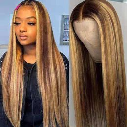 Synthetic Wigs Wig Women's Brown Gold Gradient Long Straight Hair Rose Mh Wig Set