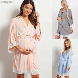 Maternity Tops Tees Lace Robe Breast Feeding Nightgown For Pregnant Women Patchwork Three-quarter Sleeve Maternity Nursing Sleepwear Clothes PajamasL231128