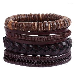 Charm Bracelets 4pcs/set Hippie Punk Boho Dark Brown Leather Coconut Wood Beads Wax Cord Knots Wrap Wide Bangles For Man Hand Jewellery