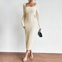 Casual Dresses 2023 Temperament Slim Fit Elegant Show Off Waist Sexy Square Neck Long Sleeve Knitted Dress Women's Wear