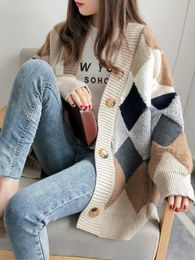 Cardigans Women's Loose Cardigan Sweaters Plaid Chic Oversized Button Puff Sleeve 2022 Red Coat Knitted Female