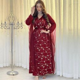 Ethnic Clothing Muslin Dress Kaftan Arabic Apparel Diamond Mesh V-Neck Dubai Elegant Long Sleeves Eid Mubarak Abaya Turkey