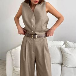 Women's Two Piece Pants Set Vneck Sleeveless Singlebreasted Suit Vest High Waist Wideleg Female OL Style 2023 Autumn 231207