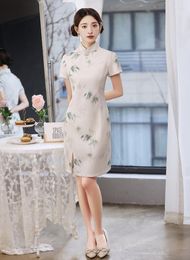 Ethnic Clothing Chinese Girls Sexy Beaded Mandarin Collar Chiffon Qipao Fashion Vintage Women Short Sleeve Cheongsam Dress