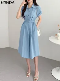 Casual Dresses Elegant Long Shirt Dress 2023 VONDA Women Summer Party Sundress Vintage Short Sleeve Belted Solid Vestido