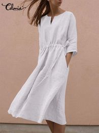 Dresses Celmia Casual Loose Vestidos Women Autumn 2023 Cotton Linen Vneck Midi Dress Vintage Drawstring Waist Half Sleeve Long Robe