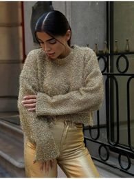 Women's Sweaters Women Shinny Golden Silk Croped Sweaters Women Sequin Round Collar Long Sleeve Knit Pullover Chic Female Streetwear Jumpers 231127