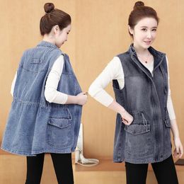 Vests #3318 Grey Blue Denim Vest Women With Hooded Casual Loose Vest Coat Sleeveless Jacket With Hooded Waistcoat Female Spring Autumn