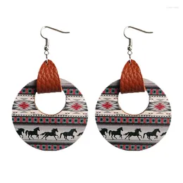 Dangle Earrings Aztec Brown Cowhide Cutout Round Wood Drop For Women Western Ethnic Genuine Leather Jewelry Wholesale