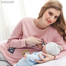 Maternity Tops Tees Cotton Maternity Clothes Breastfeeding Tops Nightwear Long Sleeve Autumn Winter Pregnant Nursing Pajama-shirt Pregnancy HomewearL231128