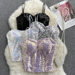Camis Sexy Chic Sequin Party Croset Bustier Off Shoulder Slim Tanks and Camis Strap Glitter Crop Top Fashion Summer Women Clothes Y2k