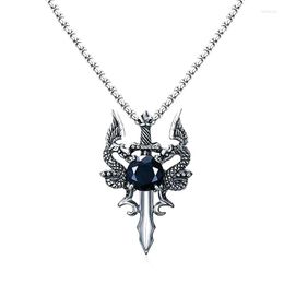 Pendant Necklaces European And American Retro Black Zircon Double Dragon Sword Necklace For Men Punk Hip Hop Trend Jewellery Gift