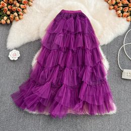 Skirts Tutu Tulle Long Womens 2023 Autumn Korean Solid A Line High Waist Mesh Tiered Maxi Skirt Female Faldas Aesthetic