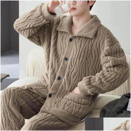 Mens Sleepwear Men Winter Pyjamas Set Thickened Cosy Homewear Plush Lapel Pyjama With Elastic Waist Water Wave For Drop Delivery Appar Dh8Kt