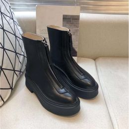 2024The row smooth Leather Ankle 22 Boots platform zipper slip-on round Toe block heels Flat Wedges booties Trendy shoes