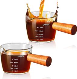 50/75/100ML Espresso Measuring Cup with Wooden Handle Double/Single Spouts Clear Coffee Shot Glass Heat Resistant Retro Milk Jug