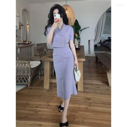 Two Piece Dress Suit Women Set Short-sleeved Double-breasted Short Section Jacket Top Long Slim Skirt 2pcs Fishtail Matching Sets