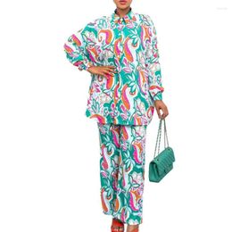 Ethnic Clothing African Print Suit 2023 Summer Women Long Sleeve Polyester Two Pieces Sets Top And Pant S-3XL