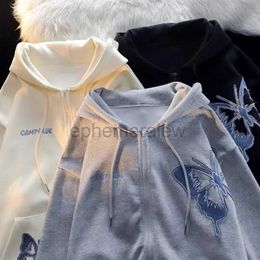 Erkek Hoodies Sweatshirts Amerikan Retro Baskılı Kelebek Hardigan Fermuar Kazak Paltosu Erkekler ve Erkekler için Y2K Sokak Yeni Gevşek Tembel Kazak Coatzln231128