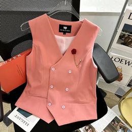 Parkas Woman's Suit Vest Pink V Neck Elegant OL Waistcoat Double Breasted Summer Casual Slim Fit Gilet Woman Vests Formal Work Wear