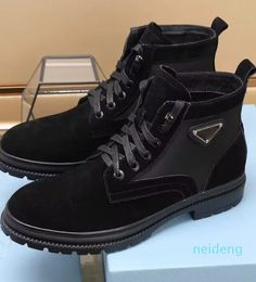 Winter Men Monolith Ankle Boots Black Brushed Leather & Nylon Lace-up Technical Rubber Sole Booties Gentleman