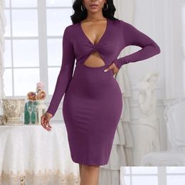 Basic Casual Dresses Ladies Dress 2023 Fall Midi Women Y Wrap Chest Hollow Out Long Sleeve Solid Color Slim Female Elegant Party Drop Dhk4A