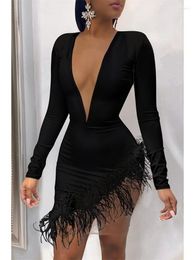 Casual Dresses Habbris Spring Sexy Solid Feather Long Sleeve V Neck Bodycon Mini Club Outfit For Women 2023 Party Short Dress Female