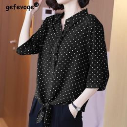 T-Shirt Loose Women Spring Summer Lace Up Shirts Lady Fashion Casual 3/4 Sleeve Turndown Collar Polka Dots Printing Ruffles Blusas Tops