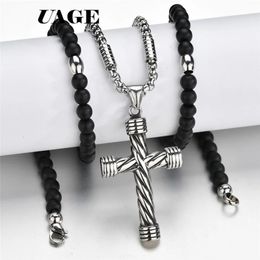 Pendant Necklaces UAGE Cross Pendant Necklace For Men Women 316L Stainless Steel Rosary Beads Necklace Religious Jewelry 231127