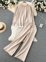 Pants SINGREINY Winter Panelled Casual Sweater Suits Loose Long Sleeve Top+Straight Wide Leg Pant Women OL Knitted Two Pieces Sets