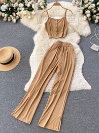 Suits SINGREINY Split Women Set Casual Solid Summer 2022 Fashion Strap Camisole Elastic Waist Drawstring Wide Leg Pants Two Piece Suit