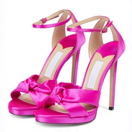 Famous Women Sandals London Rosie 120 mm Pumps Italy Luxurious Ankle Sling Buckles Peep Toe Fuchsia Satin Designer Luxury Sexy Wedding Party High Heels Sandal EU 35-43