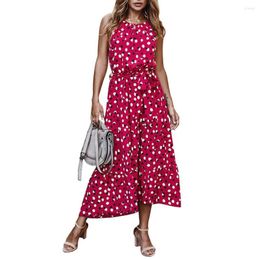 Casual Dresses Elegant 2023 Women Sleeveless Polka Dot Print Large Hem Belted Beach Long Dress Summer