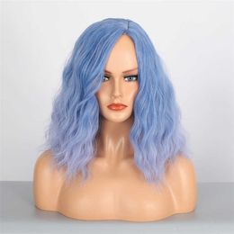 Synthetic Wigs Wig Women's Chemical Fibre High Temperature Silk Dyed Blue Water Wave Pattern Medium Length Curled Wig Headpiece Wig