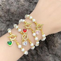 Charm Bracelets 5Pcs Chic Fashion Round Pearl Beaded For Women Copper Gold Plated OT Buckle Heart Zircon Bracelet Crystal Jewelry Gift