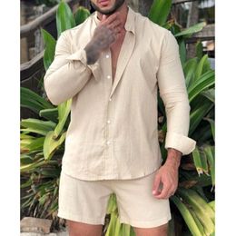 Men's Tracksuits Summer Men Hawaiian Sets Beach Long Sleeve Stand Collar Shirt Elastic waist Shorts 2 Pieces Imitation Cotton Linen suit 230428