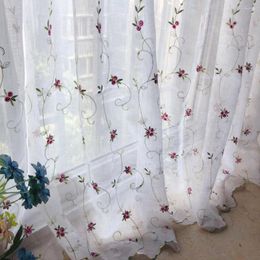 Curtain Korean Pastoral Style Cross Linen Tulle Gradient Embroidery Cherry Vine Short Home Decorative Dust-proof Coffee